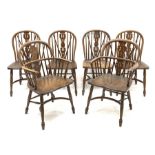 Late 20th century set six (4+2) oak Windsor dining chairs, hoop and stick back with pierced and fret