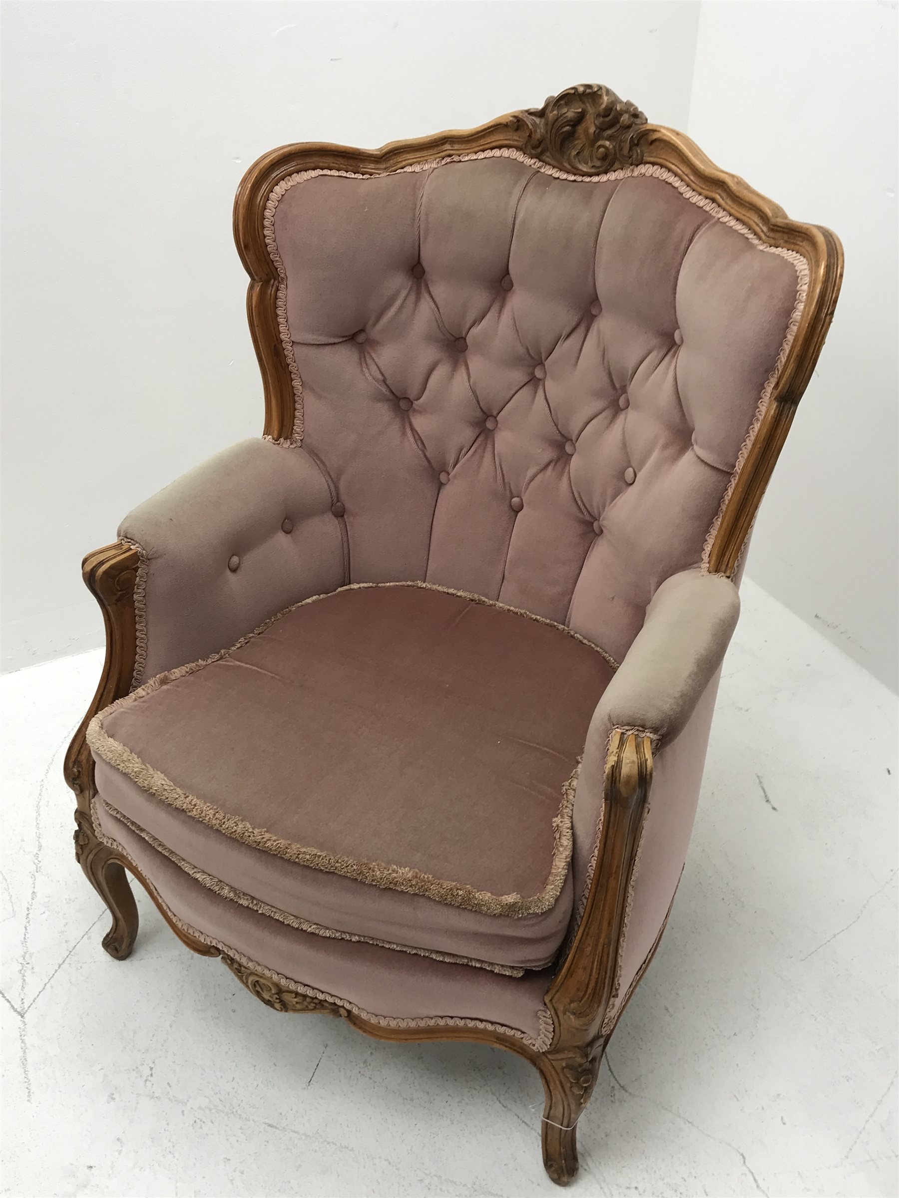 20th century beech framed French style armchair, the shaped and moulded frame carved with foliate ca - Image 2 of 7