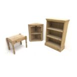 Narrow pine open bookcase, two shelves, plinth base (W62cm, H93cm, D26cm) a pine wall hanging cupboa