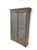 Early 20th century oak bookcase, two lead glazed doors enclosing four shelves above two cupboards, t