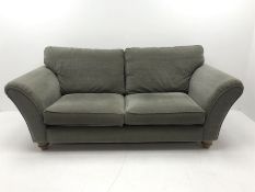Aspen three seat sofa upholstered in a tweed style fabric, turned supports, W224cm