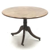 19th century mahogany centre table, circular tilt top on collar turned column, three out splayed sup