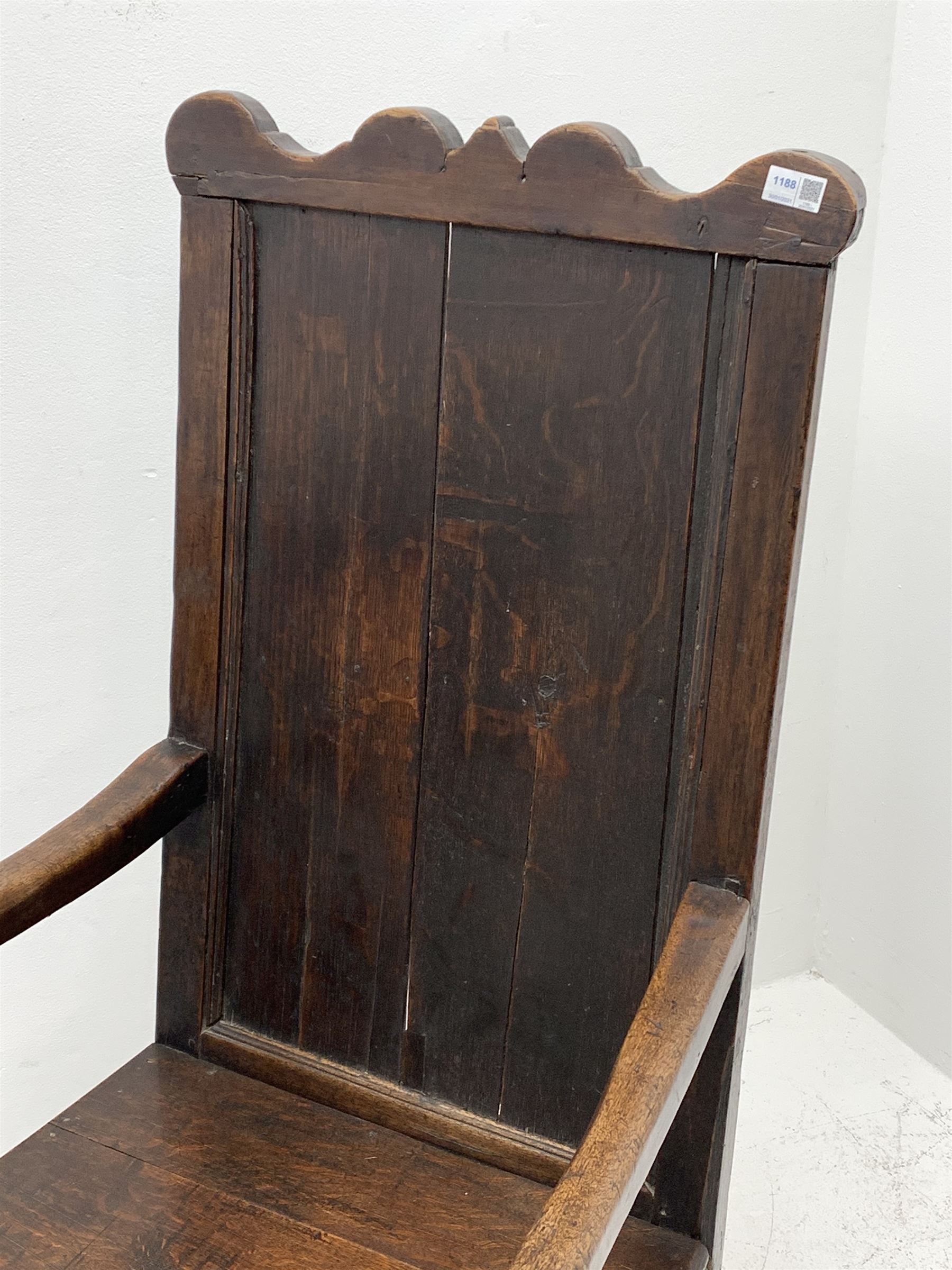 18th century oak Wainscot chair, shaped cresting rail over panelled back with moulded slip, turned a - Image 5 of 7