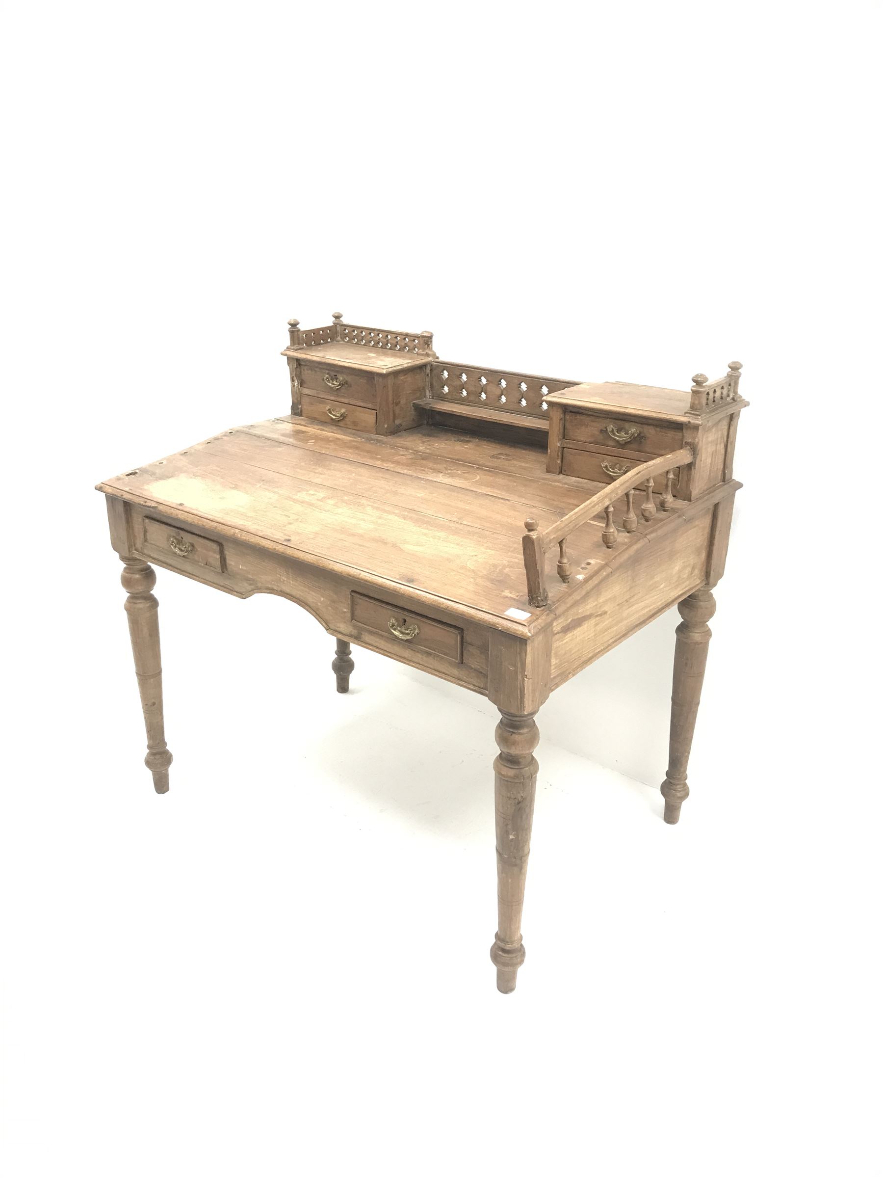 Eastern hardwood clerks desk, raised back with pierced gallery, four small drawers above sloping fro - Image 4 of 4