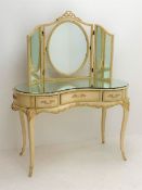 French style cream painted kidney shaped dressing table, mirrored top with bevelled edge and freesta