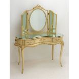 French style cream painted kidney shaped dressing table, mirrored top with bevelled edge and freesta