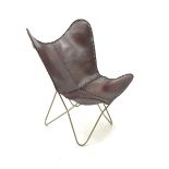 Butterfly chair, gold painted metal frame, dark tan leather slung seat