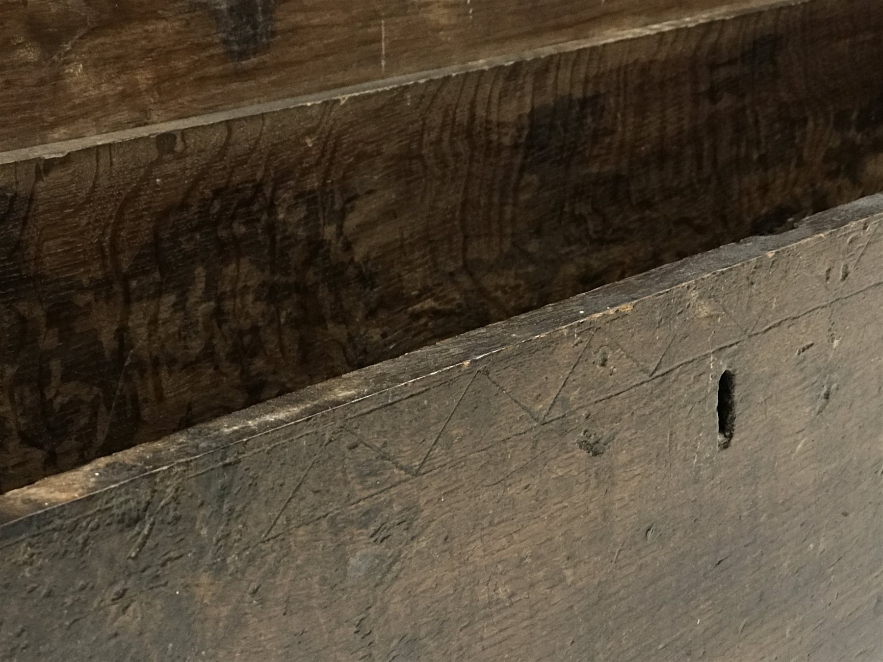 18th century oak six plank sword box, the frieze decorated with zig-zag pattern, hinged lid on woode - Image 5 of 11