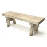 Rustic pine bench with thick plank top on trestle supports, L135cm, H46cm, D38cm