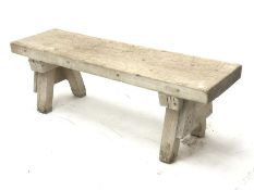 Rustic pine bench with thick plank top on trestle supports, L135cm, H46cm, D38cm