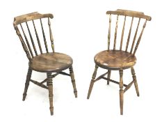 Pair Victorian stick back chairs, circular seat with turned supports joined by H shaped stretcher