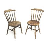 Pair Victorian stick back chairs, circular seat with turned supports joined by H shaped stretcher