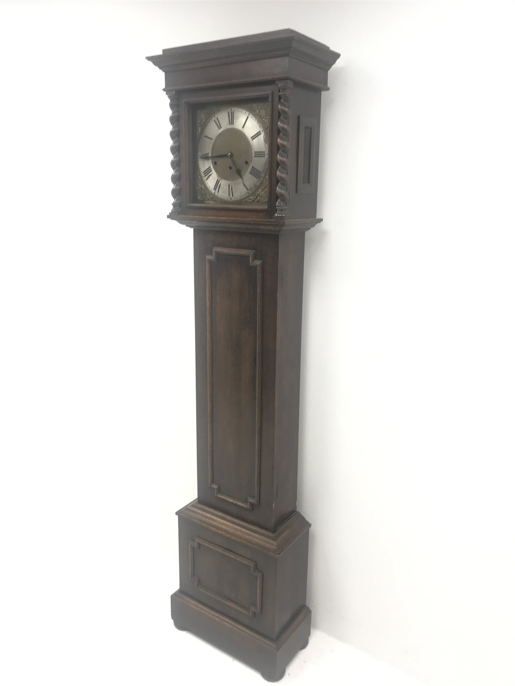 Early 20th century oak longcase clock, brass dial with silvered Roman chapter ring, triple train dri - Image 2 of 2