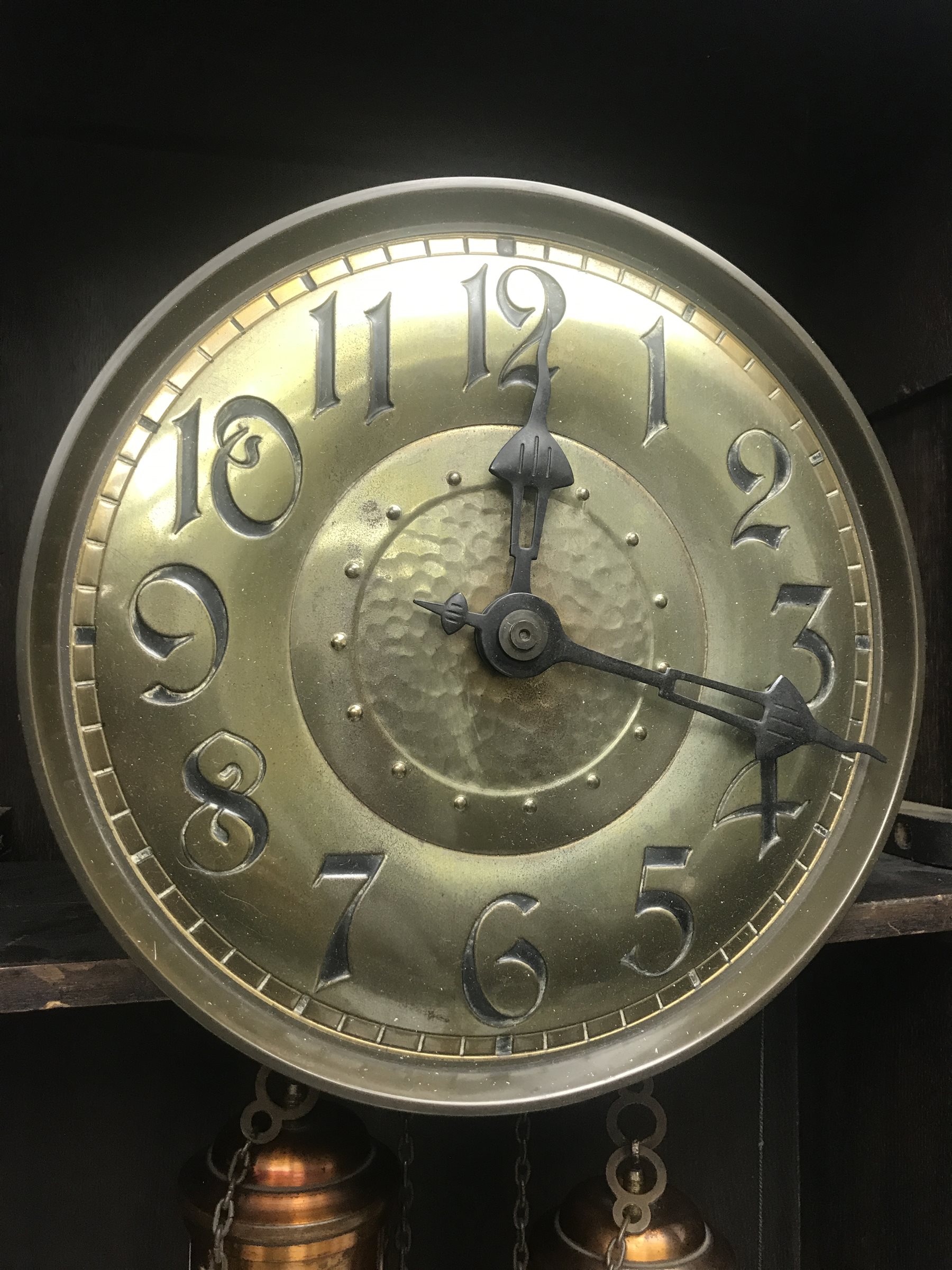 Early 20th century oak longcase clock, eight day movement striking on a coil, circular Arabic dial w - Image 2 of 3