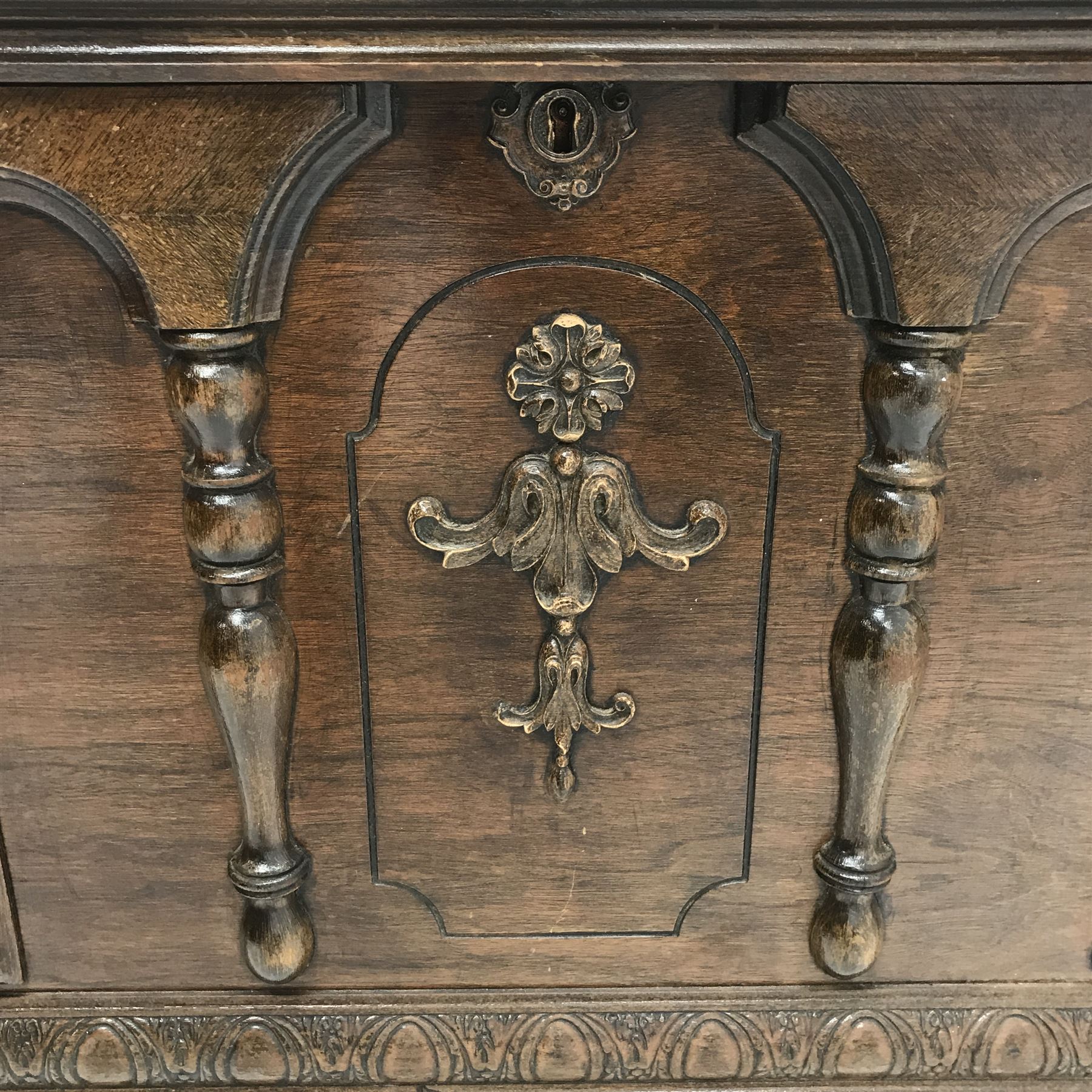20th century walnut blanket chest, hinged top with relief carved foliate banding, on turned and carv - Image 6 of 7