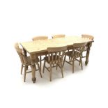 Rectangular pine rectangle table, turned supports (L183cm, W79cm, 78cm) and six beech chairs, turned