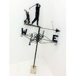 20th century weather vane, the pointing pediment depicting golfer and golf trolley, scroll work supp