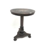 19th century inlaid rosewood pedestal table, single column on trefoil base, bun feet, D54cm, H70cm