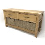 Light oak two drawer side stand with two drawers and three basket drawers