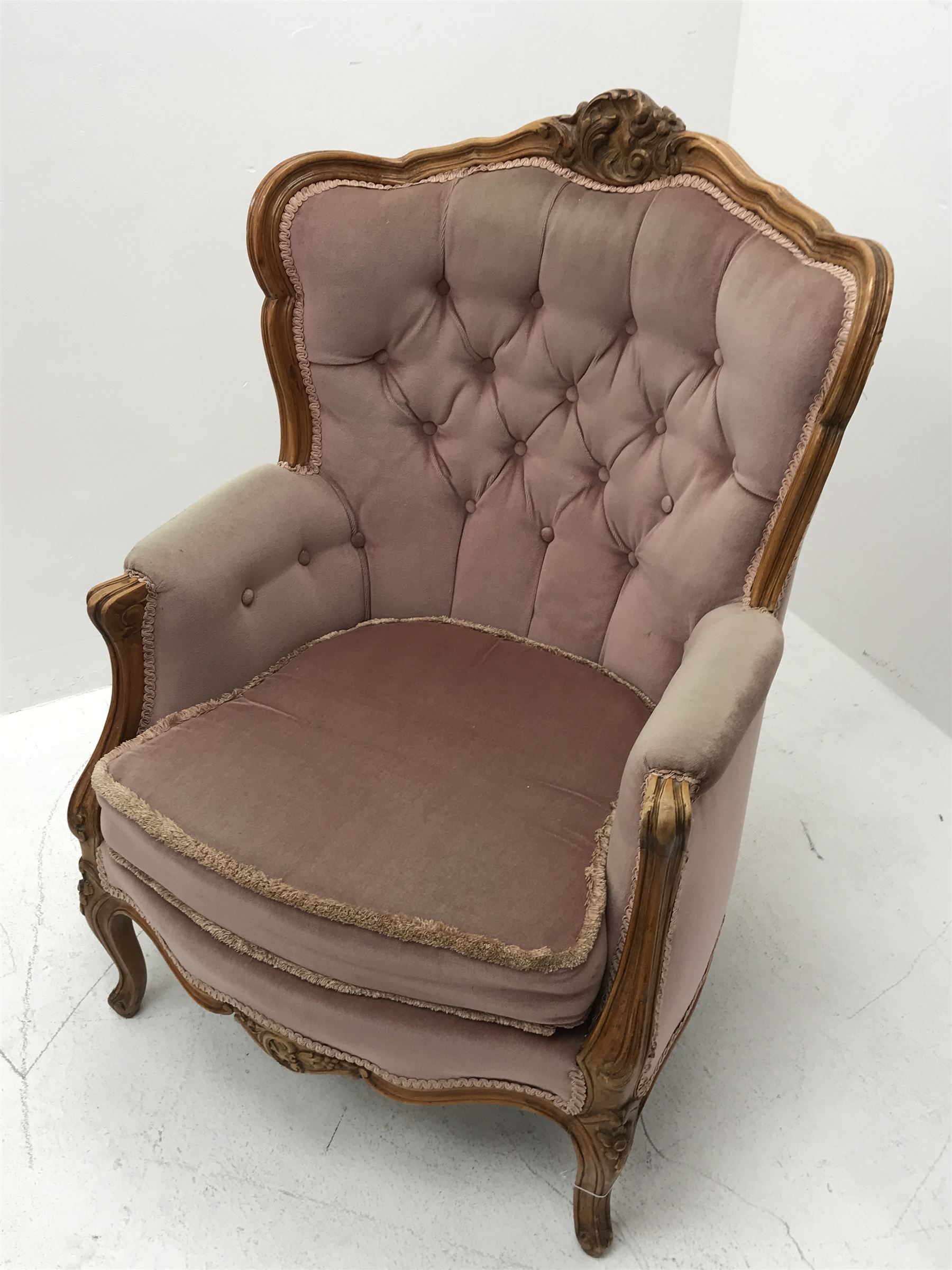 20th century beech framed French style armchair, the shaped and moulded frame carved with foliate ca - Image 5 of 7