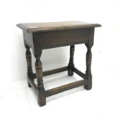 20th century oak joint stool, moulded rectangular plank top on turned supports joined by stretchers,