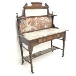 Victorian marble top washstand, raised shaped tile and mirror back, single drawers, turned supports