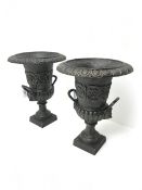 Pair classical style bronze finish Urn, egg and dart detailing, two handles on square base