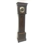 Early 20th century oak longcase clock, brass dial with silvered Roman chapter ring, triple train dri