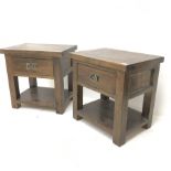 Pair hardwood lamps tables, single drawer, square supports joined by undertier, W55cm, H56cm, D41cm