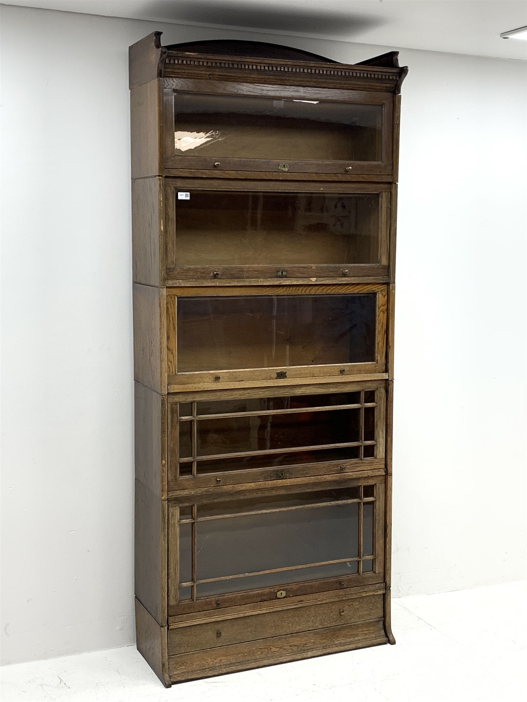 Early 20th century oak stacking library bookcase, five graduating sections with hinged and sliding g - Image 6 of 9