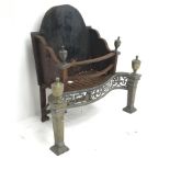 19th century cast iron and brass fire dog grate, the shaped front with pieced Greek key design friez