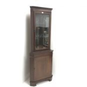 20th century mahogany corner display cabinet, single glazed door enclosing two shelves above single