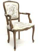 Beech framed French style open armchair upholstered in tapestry fabric, W59cm