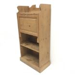 Early 20th century pine secretaire writing desk, raised shaped back, fall front enclosing fitted int