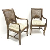 Pair caned back armchairs, scrolling arms, upholstered seat, cabriole legs joined by stretchers, W57