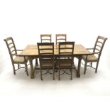 Teak and tile inset rectangular dining table. baluster supports joined by floor stretchers (W190cm,