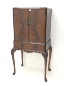 Reproduction figured mahogany cocktail cabinet, two figured doors enclosing mirrored interior with s