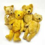 Four teddy bears 1930s - 1950s comprising Chiltern type with gold plush body