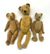 Early 20th century American wood wool filled short bristle mohair long bodied teddy bear with revolv