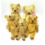 Five English teddy bears c1930s-50s comprising Chad Valley with swivel jointed head