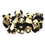 Seven English panda bears 1950s-60s including Farnell with fixed head and limbs