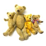 Four English teddy bears 1930s-50s comprising two by Chiltern; another in the Chiltern style; and on