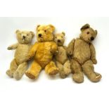 Four English teddy bears 1930s-50s including Chiltern type with swivel jointed head