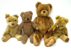 Four 1950s English teddy bears including a Chad Valley brown alpaca wool with revolving head, glass