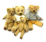 Four 1950s English teddy bears including Chad Valley bear with swivel jointed head