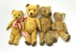 Four English teddy bears 1930s-50s including two Chiltern and two others