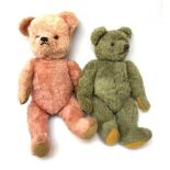 Two 1950s coloured teddy bears - Farnell type wool plush in greeny grey with applied eyes, verticall