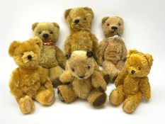 Six 1950s small teddy bears including Chad Valley Sooty type with glass type eyes