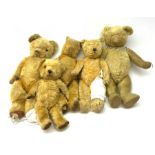 Five British teddy bears c1930s-50s including Pedigree bear H22"/55cm