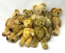 Eight 1950s English teddy bears including Alpha Farnell bear with swivel jointed head